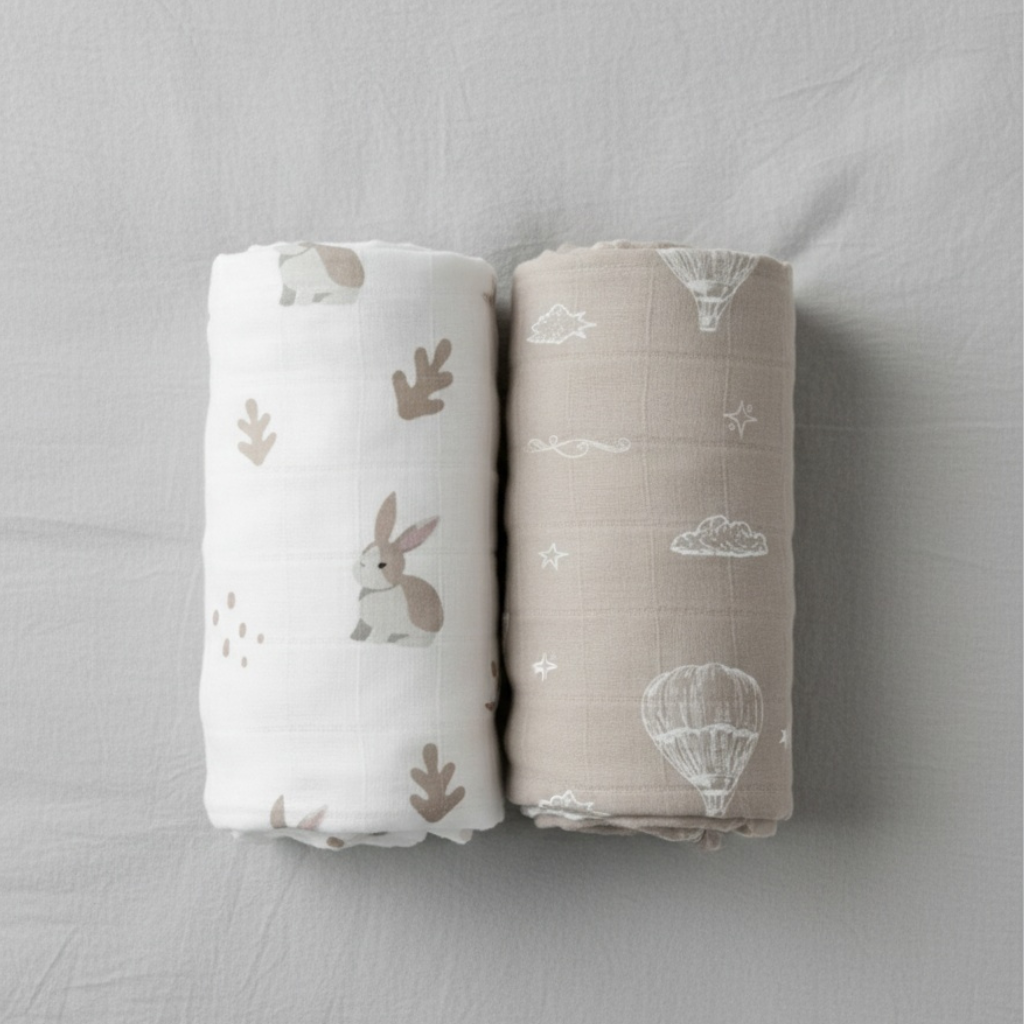 Two rolled-up bamboo baby swaddles bundle with animal and hot air balloon patterns on a gray background