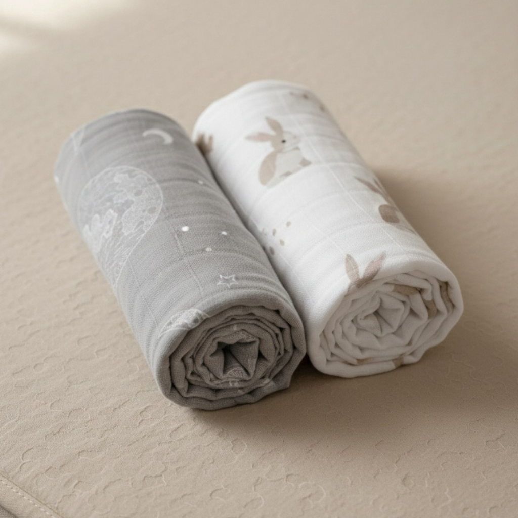 Two rolled-up baby bamboo swaddle bundle with animal prints on a beige surface