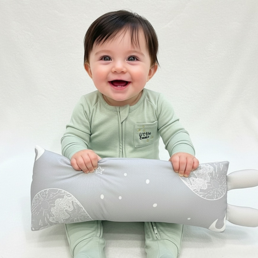 Baby wearing little emme premium bamboo green sleepsuit holding Bun Bun Bamboo pillow in Luna Night Sky Print.