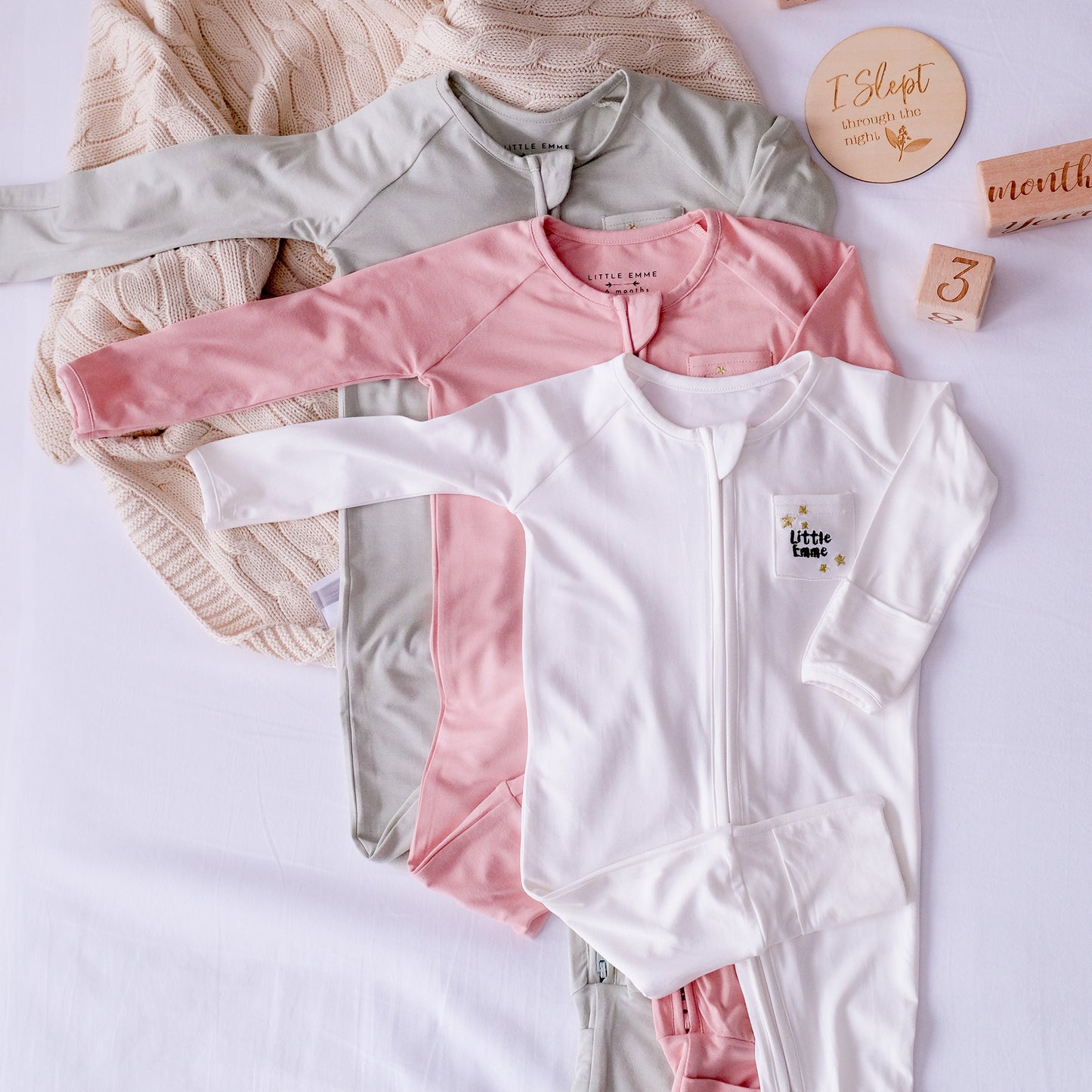 Little Emme Premium Bamboo Sleepsuits - White