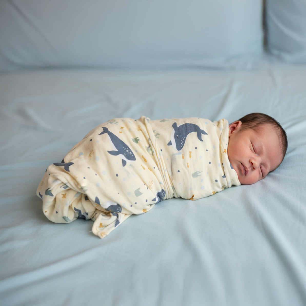 Newborn baby swaddled in a blanket with whale pattern on a light blue background